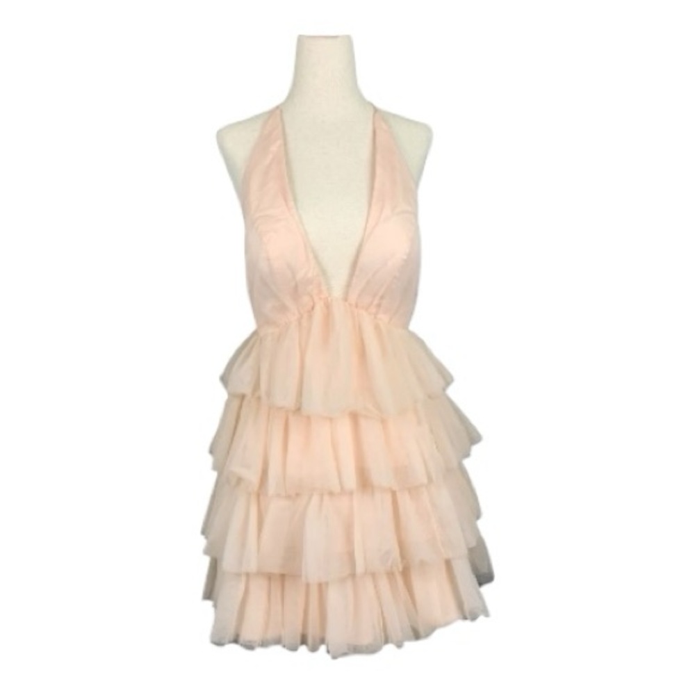 Elegant Blush Pink Tiered Frill Mini Halter Dress Adj Straps Lined Size Small